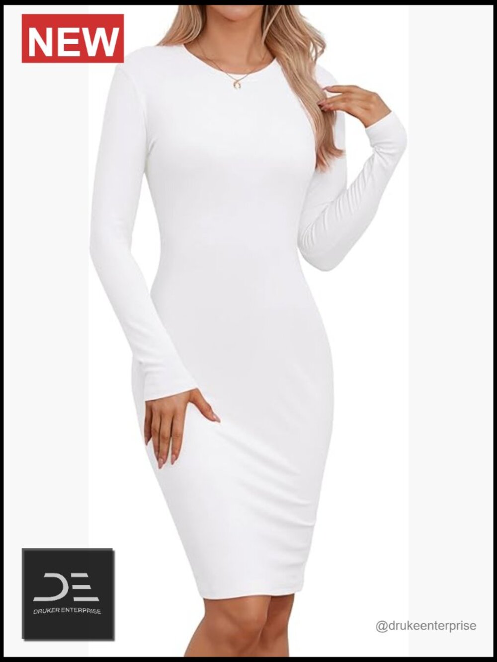 Bodycon Midi Dress Long Sleeve Fleece Lined Slim Fit Casual